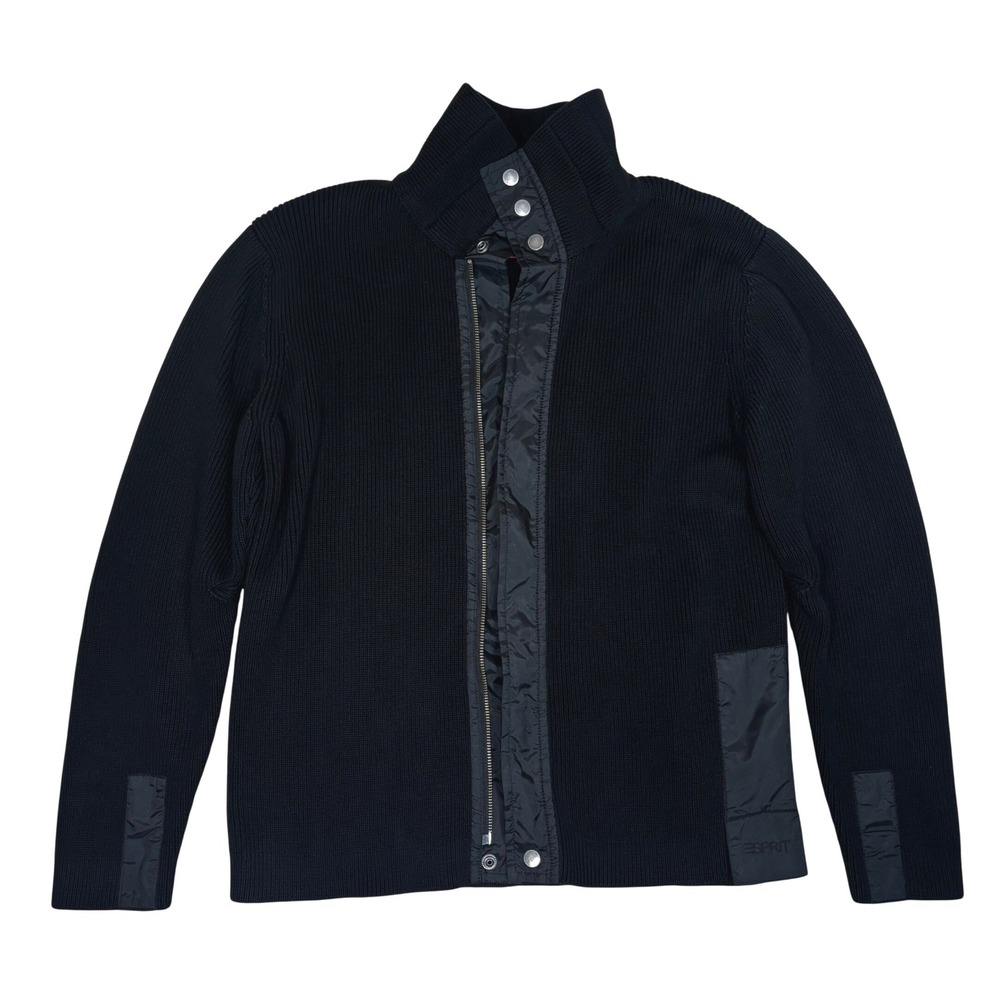 Esprit Black Ribbed Knit Full Zip Mock Neck Jacket with Quilted Accents Men's M